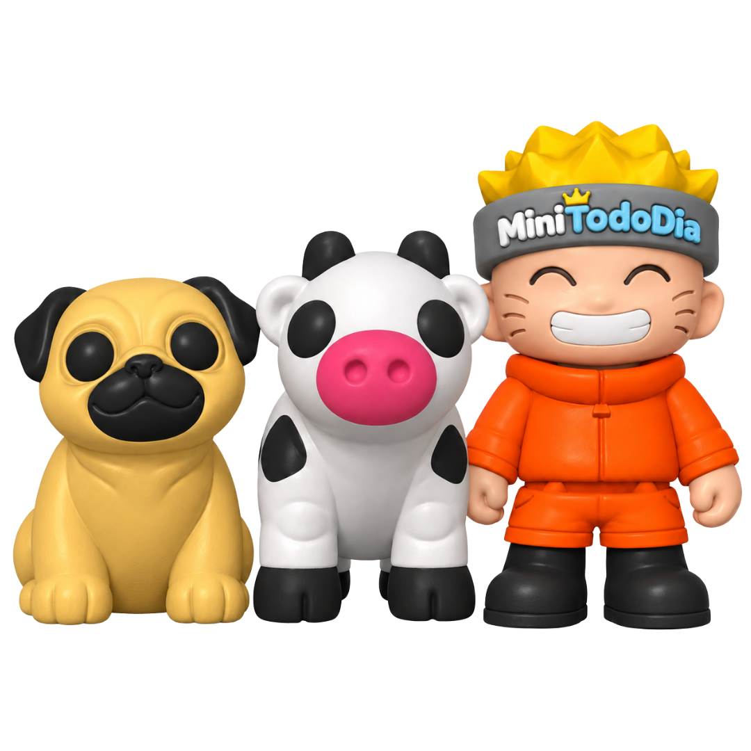Colecionáveis MiniTodoDia3D: um cachorrinho, uma vaquinha e um personagem de roupa laranja